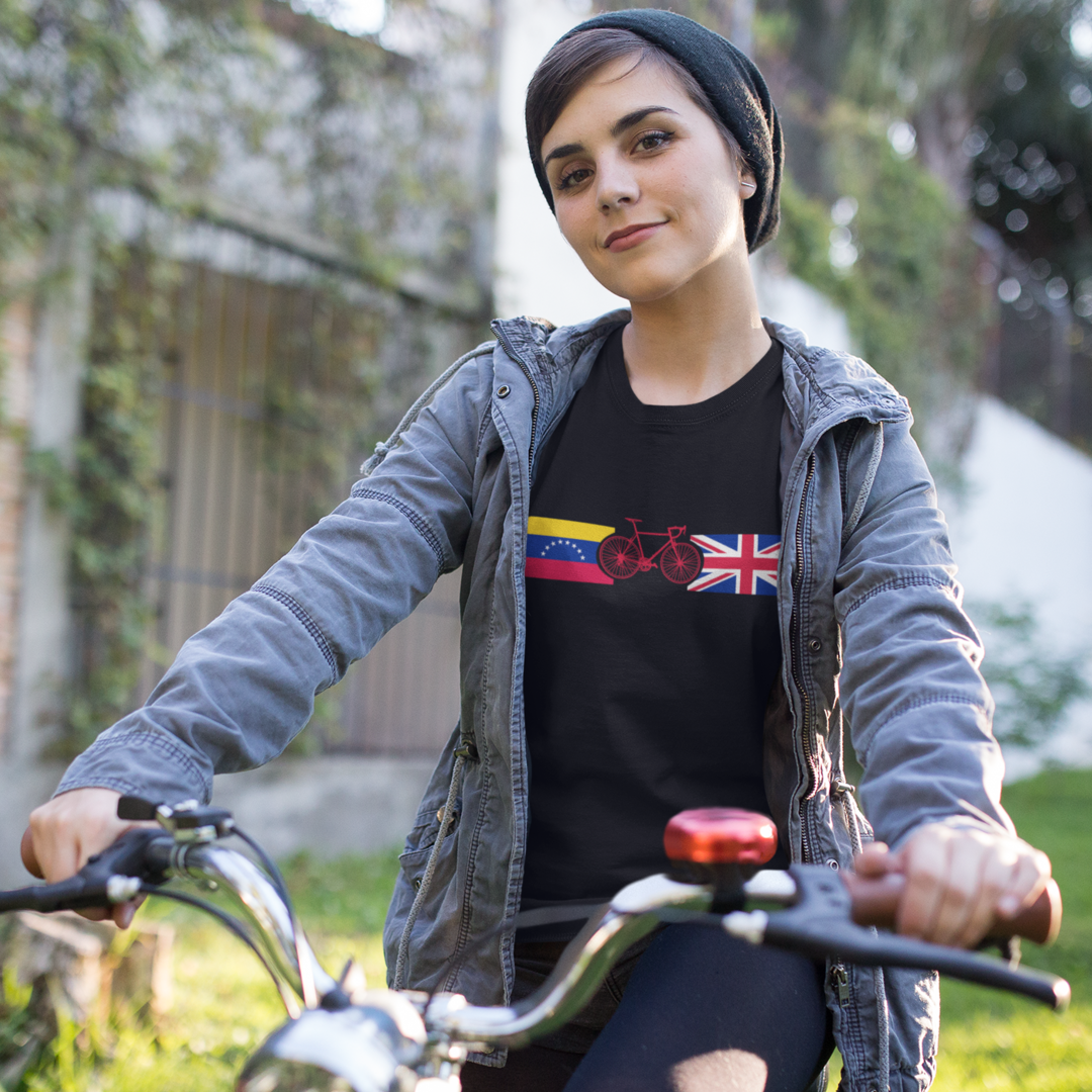 “England-Venezuela T-Shirt – Unique Flag & Bicycle Design – 100% Cotton”